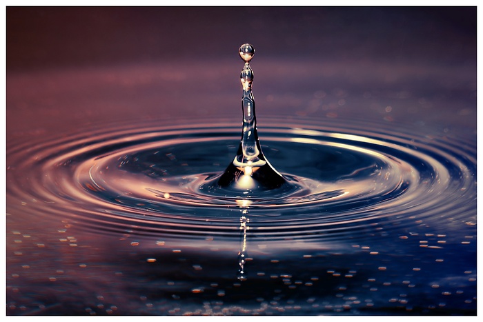 Nahaufnahme eines Wassertropfens, der in eine Wasserschüssel fällt und Wellenmuster erzeugt