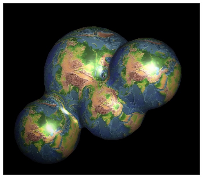 Die Erde dargestellt als vier verschmolzene Kugeln mit Hilfe eines Distanzfeldrenderers