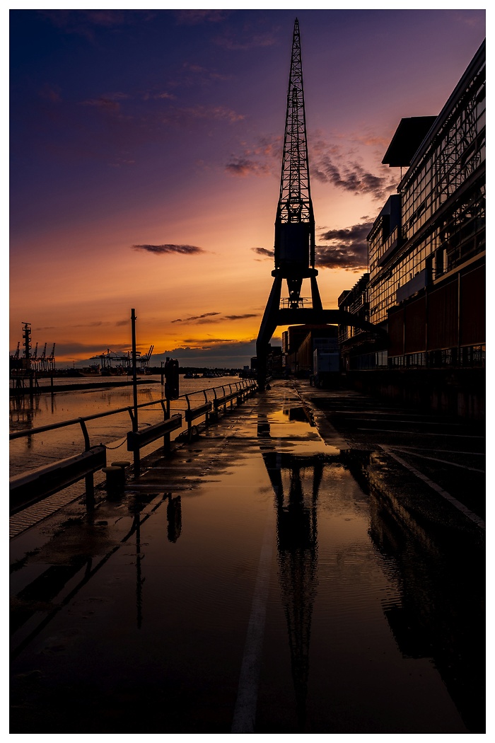 Ein Kran am Hamburger Hafen spiegelt sich im Wasser neben dem Dockland Gebäude